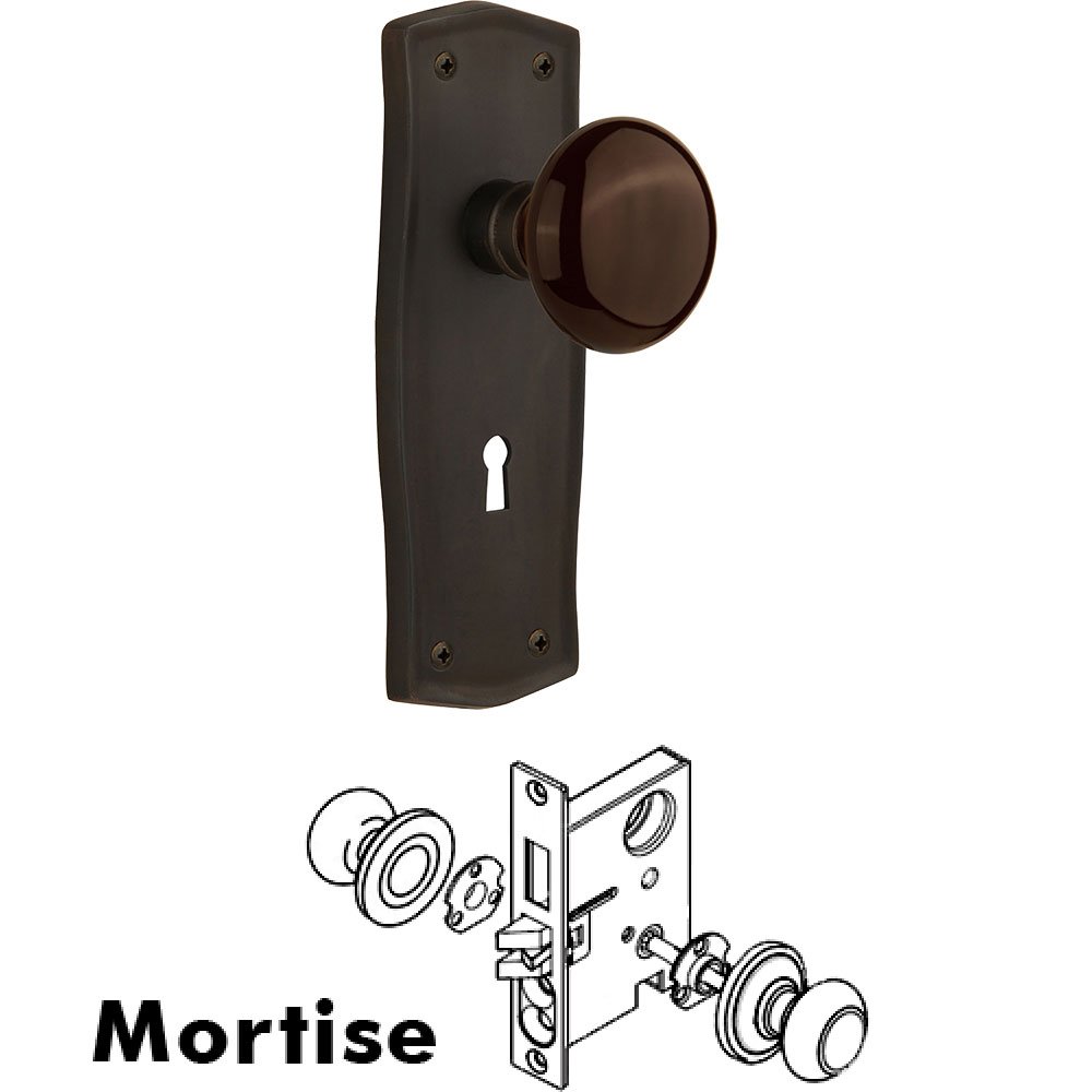 Mortise - Prairie Plate with Brown Porcelain Knob with Keyhole in Oil Rubbed Bronze