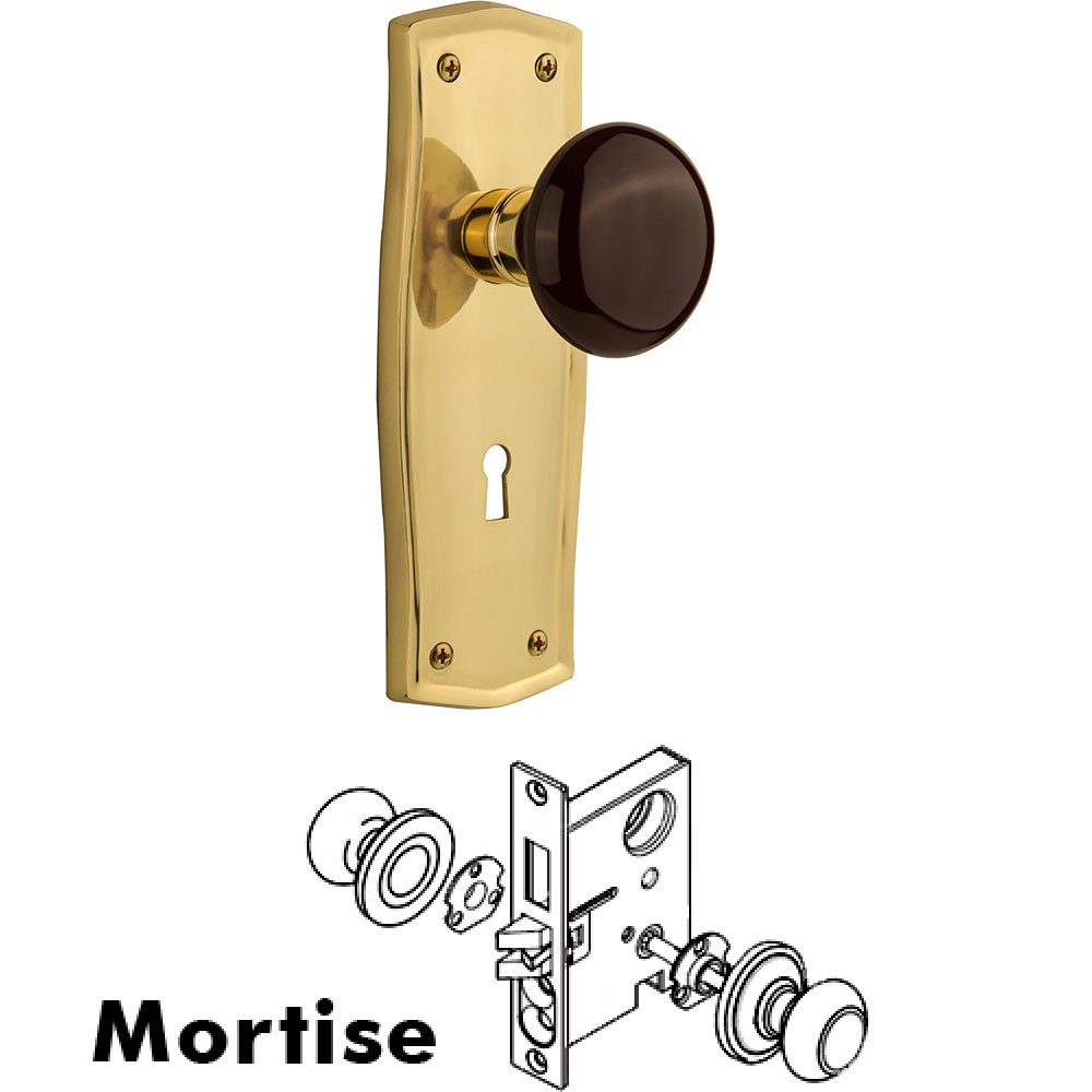 Mortise - Prairie Plate with Brown Porcelain Knob with Keyhole in Polished Brass