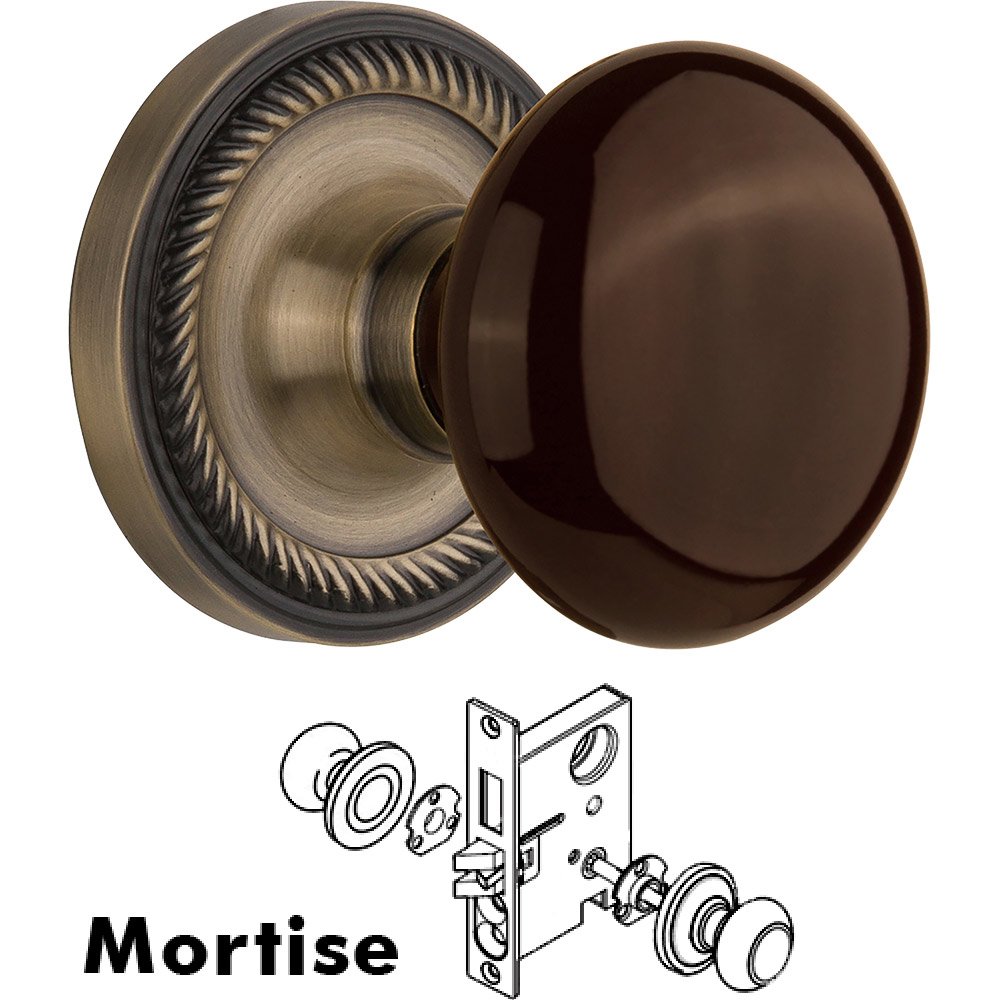Mortise - Rope Rose with Brown Porcelain Knob in Antique Brass