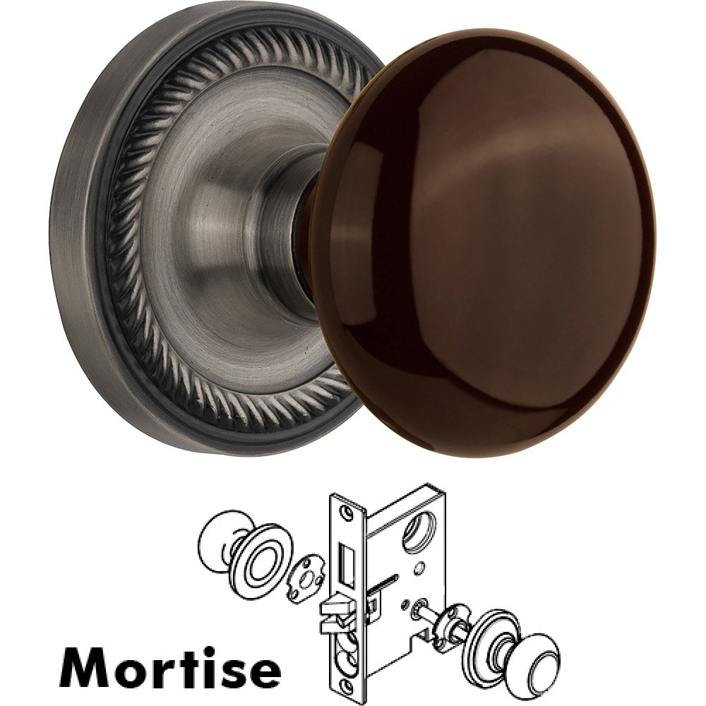 Mortise - Rope Rose with Brown Porcelain Knob in Antique Pewter