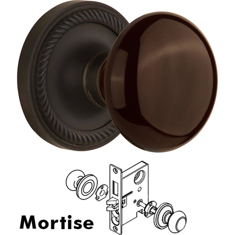 Mortise - Rope Rose with Brown Porcelain Knob in Oil Rubbed Bronze