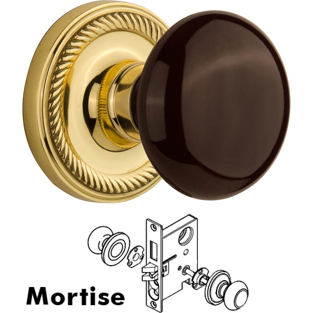 Mortise - Rope Rose with Brown Porcelain Knob in Polished Brass