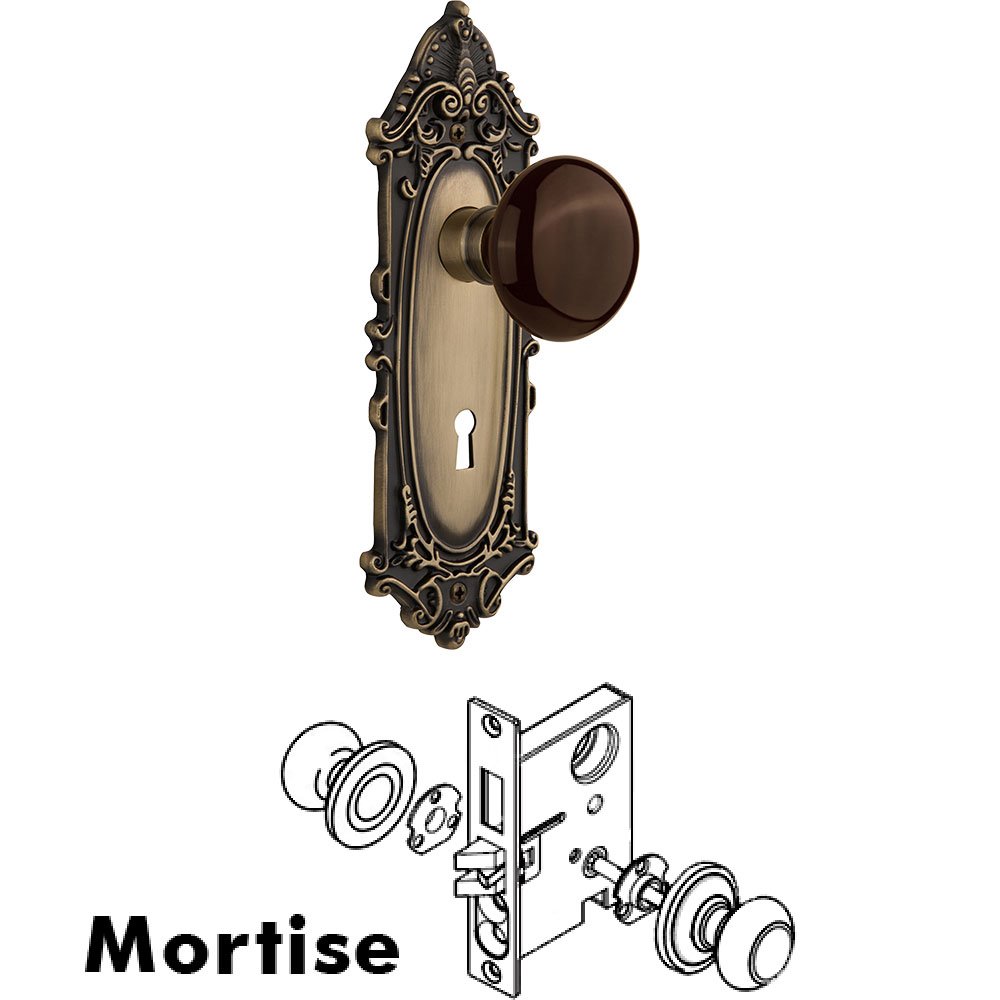 Mortise - Victorian Plate with Brown Porcelain Knob with Keyhole in Antique Brass