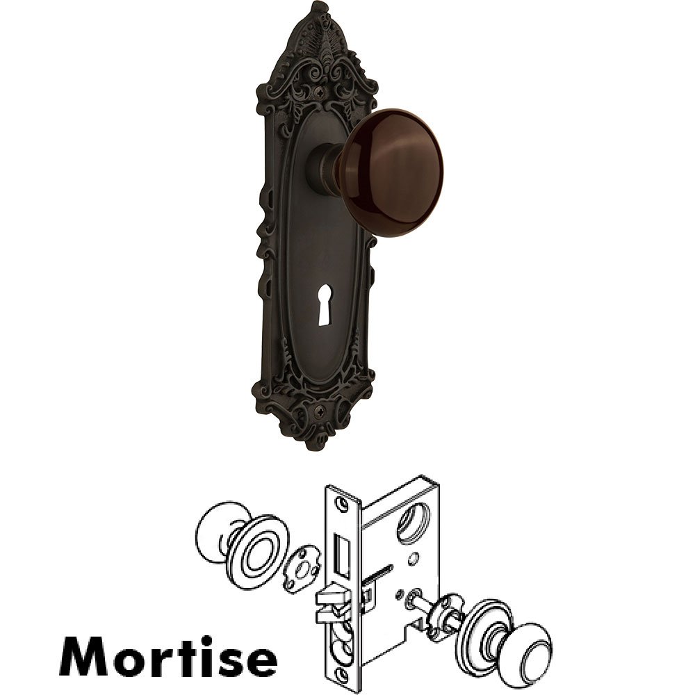 Mortise - Victorian Plate with Brown Porcelain Knob with Keyhole in Oil Rubbed Bronze