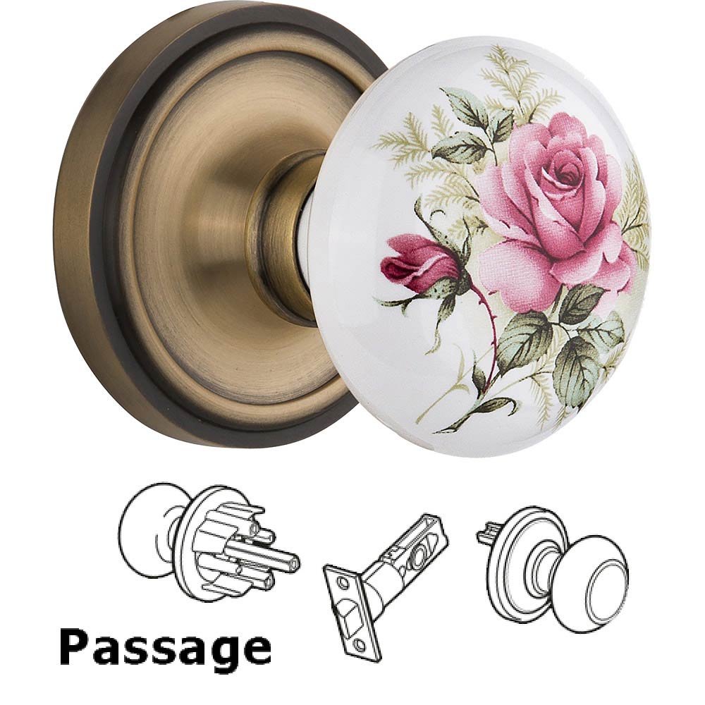 Passage Knob - Classic Rose with Rose Porcelain Knob in Antique Brass