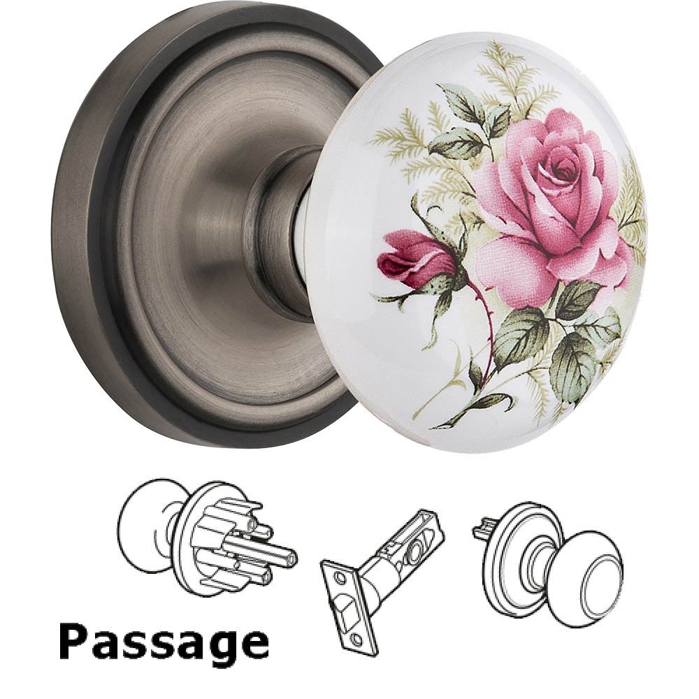 Passage Knob - Classic Rose with Rose Porcelain Knob in Antique Pewter