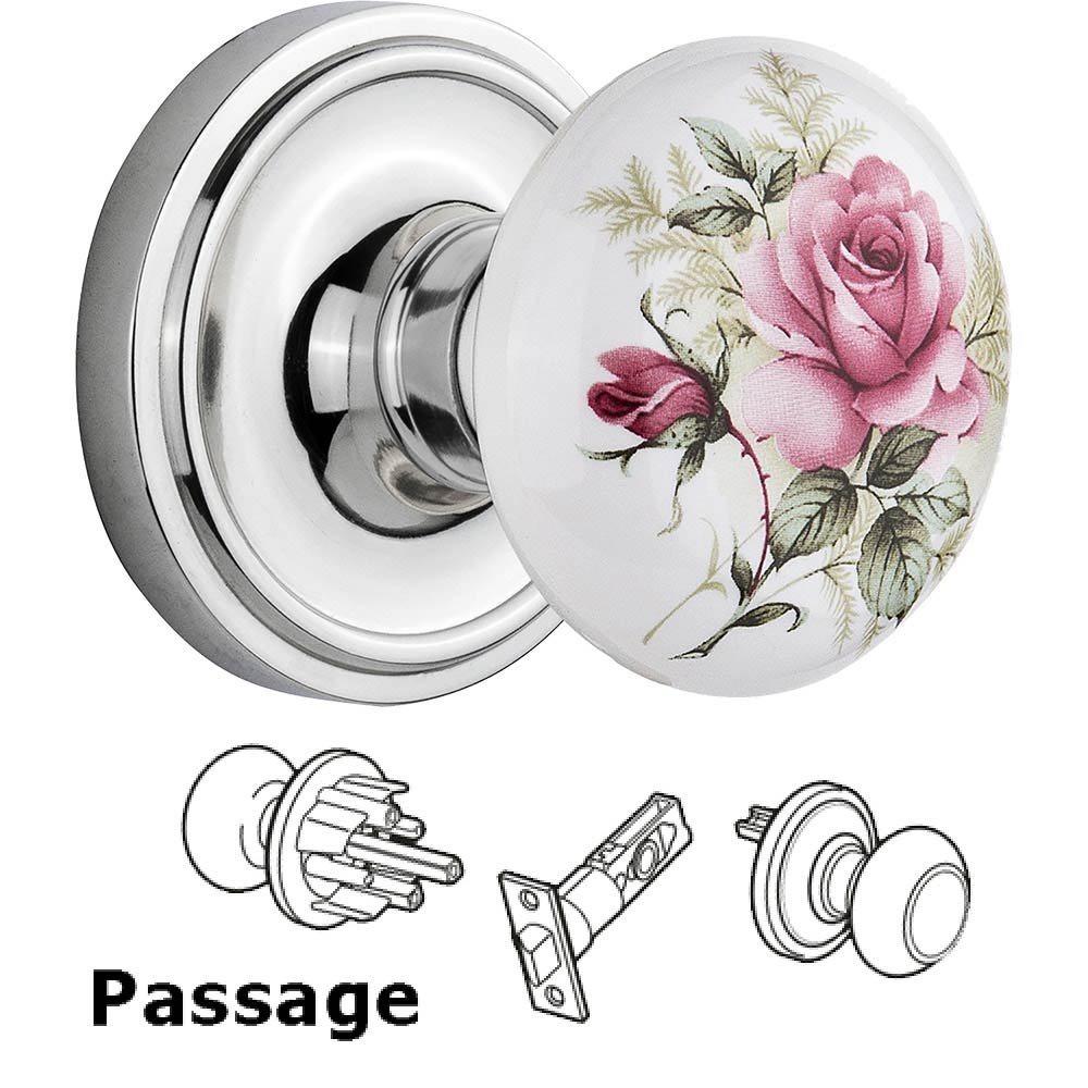 Passage Knob - Classic Rose with Rose Porcelain Knob in Bright Chrome