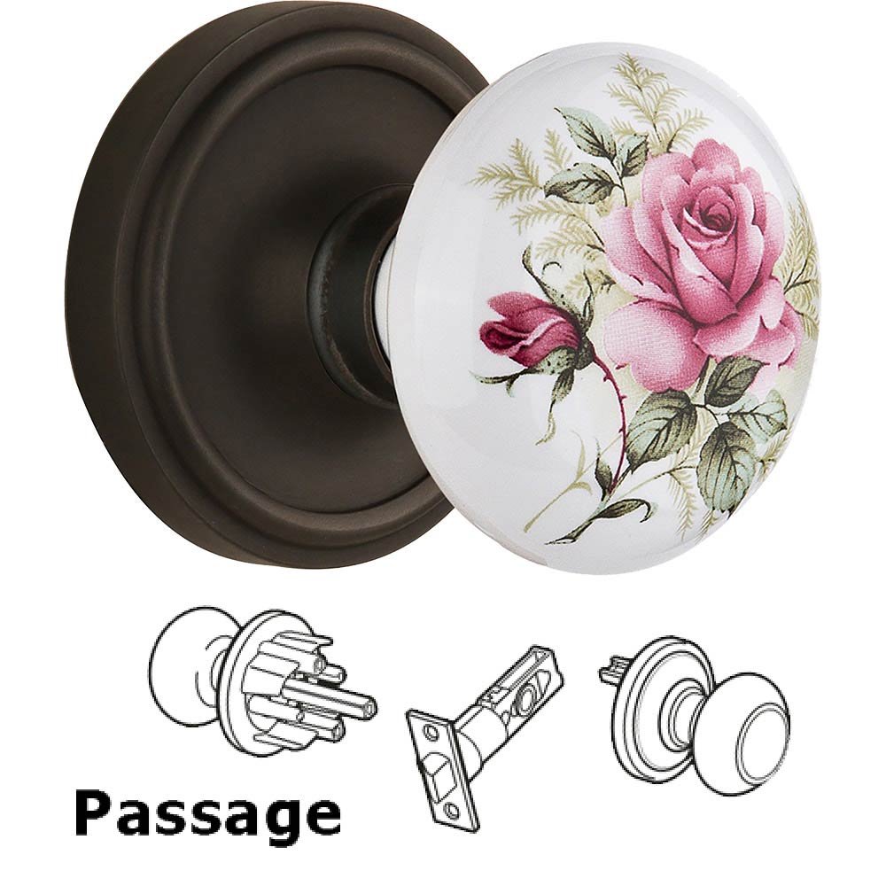 Passage Knob - Classic Rose with Rose Porcelain Knob in Oil Rubbed Bronze