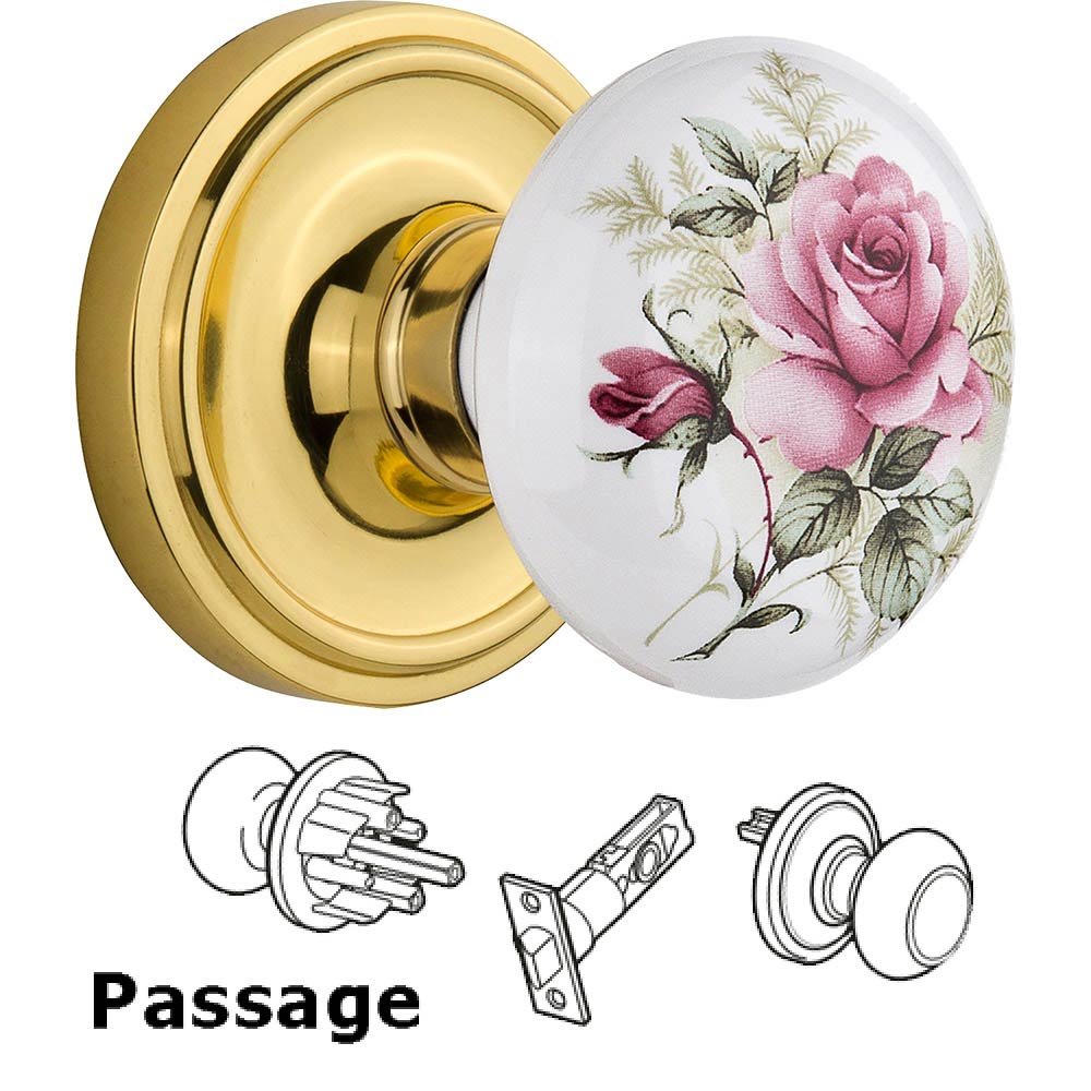 Passage Knob - Classic Rose with Rose Porcelain Knob in Polished Brass