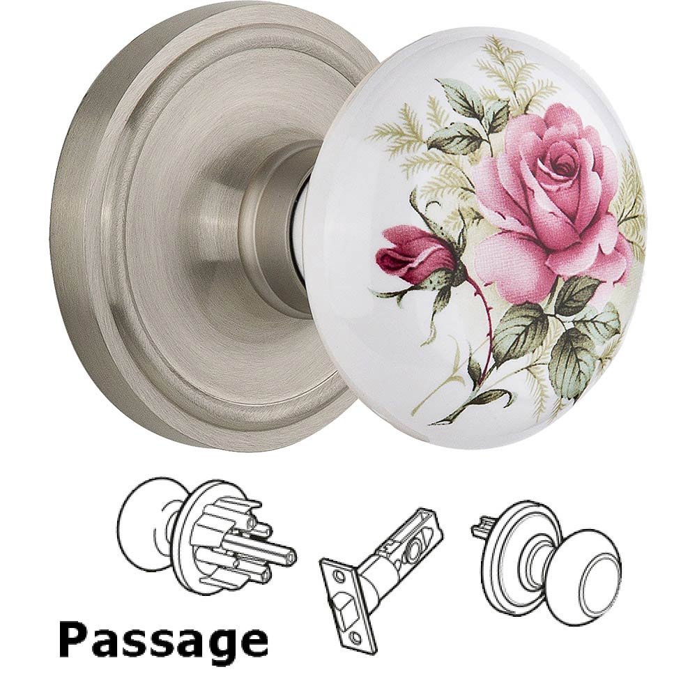 Passage Knob - Classic Rose with Rose Porcelain Knob in Satin Nickel