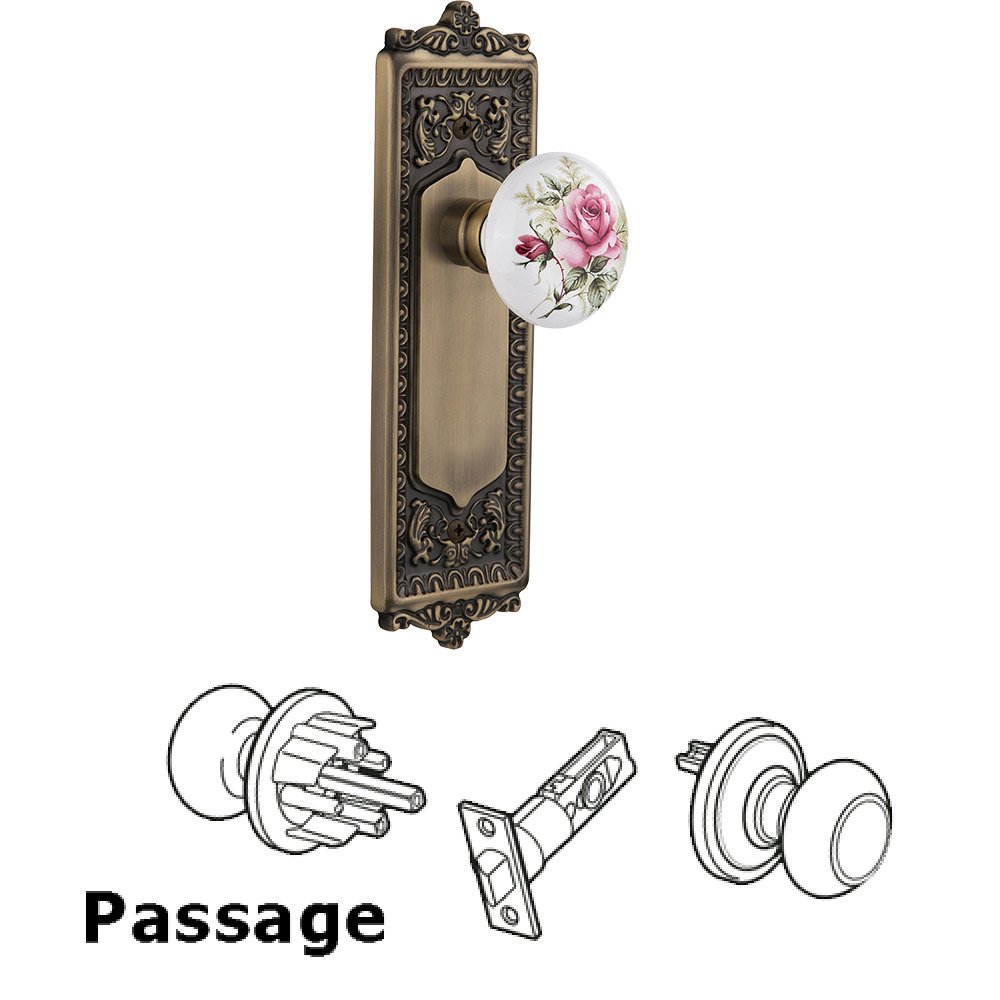 Passage Knob - Egg and Dart Plate with Rose Porcelain Knob without Keyhole in Antique Brass