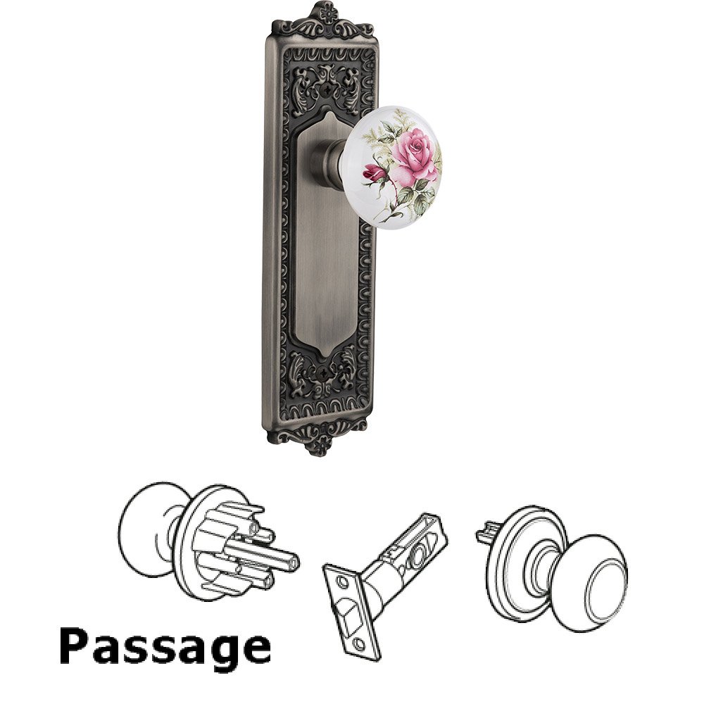 Passage Egg & Dart Plate with White Rose Porcelain Door Knob in Antique Pewter