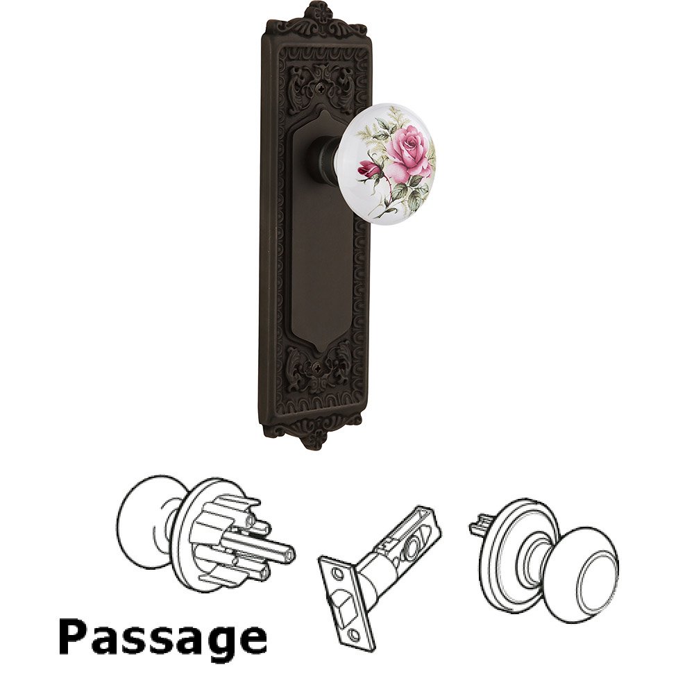 Passage Knob - Egg and Dart Plate with Rose Porcelain Knob without Keyhole in Oil Rubbed Bronze