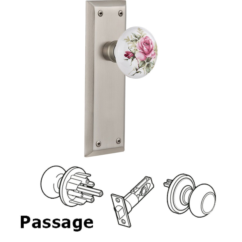 Passage Knob - New York Plate with Rose Porcelain Knob without Keyhole in Satin Nickel
