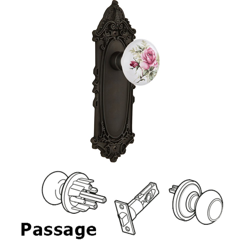 Passage Victorian Plate with White Rose Porcelain Door Knob in Oil-Rubbed Bronze