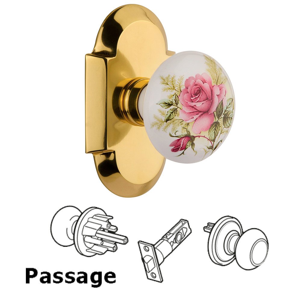 Passage Cottage Plate with White Rose Porcelain Knob in Polished Brass