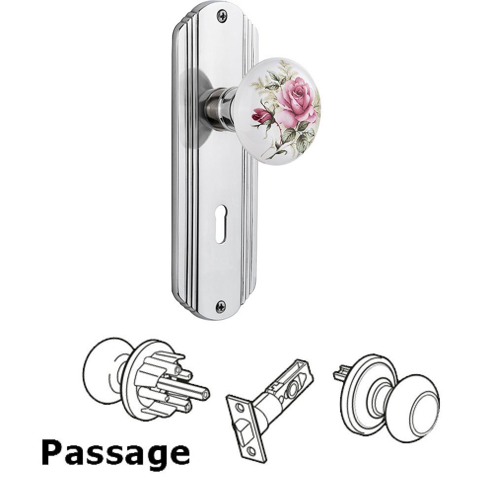 Passage Knob - Deco Plate with Rose Porcelain Knob with Keyhole in Bright Chrome