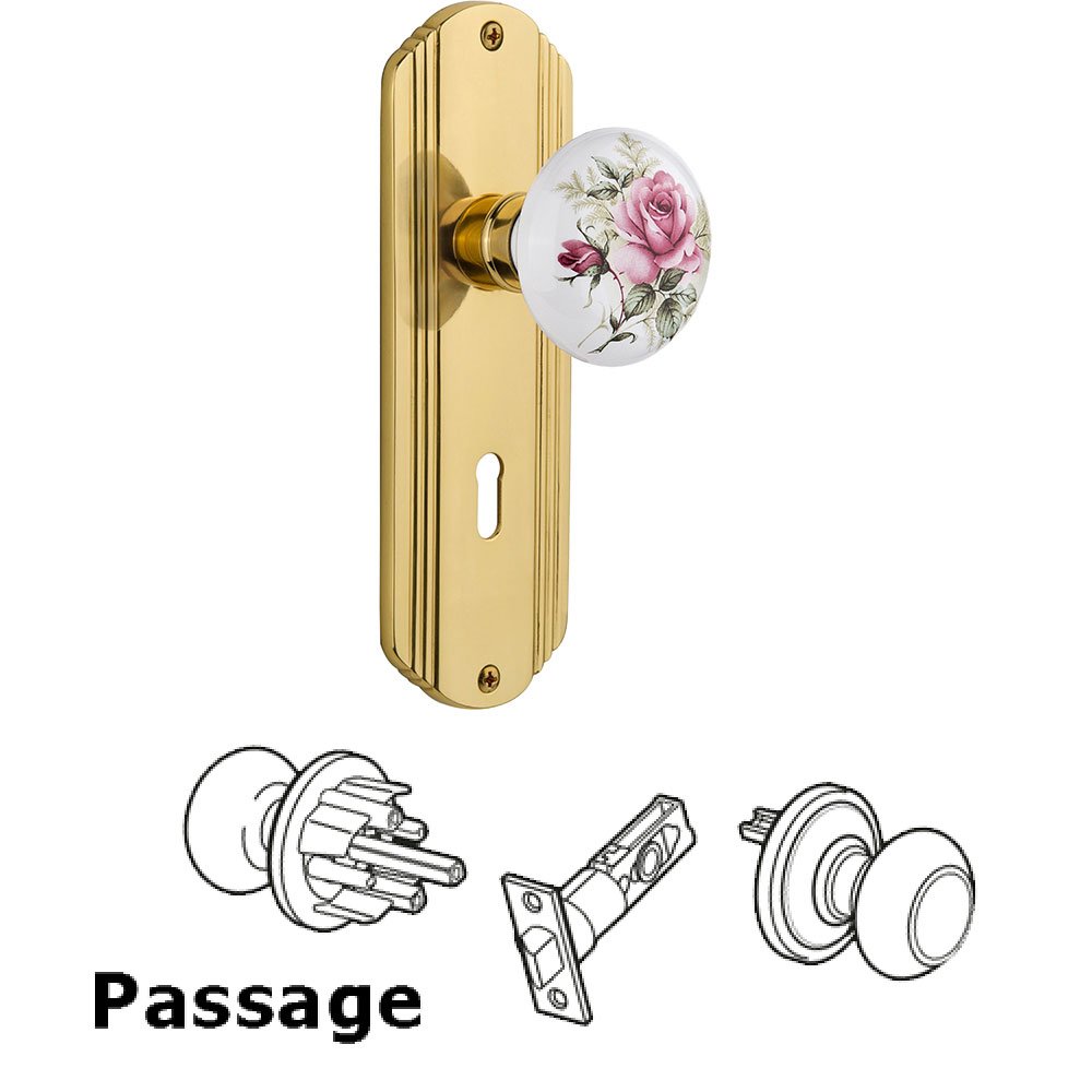 Passage Knob - Deco Plate with Rose Porcelain Knob with Keyhole in Polished Brass