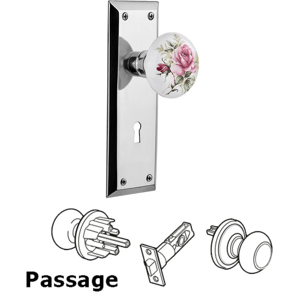 Passage Knob - New York Plate with Rose Porcelain Knob with Keyhole in Bright Chrome