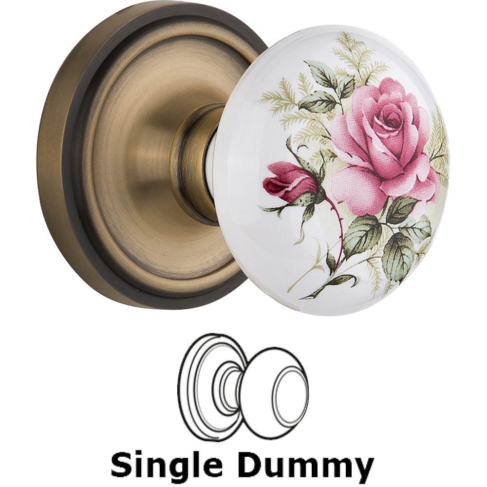 Single Dummy Classic Rose with Rose Porcelain Knob in Antique Brass
