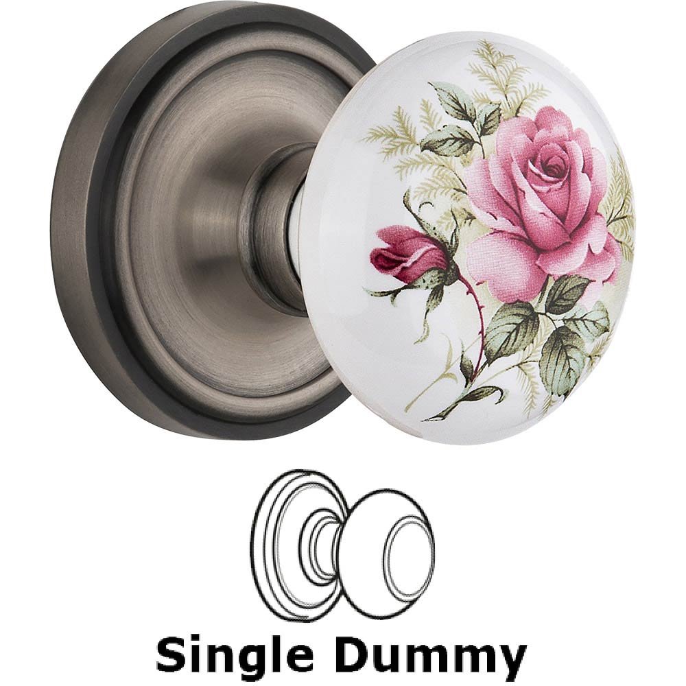 Single Dummy Classic Rose with Rose Porcelain Knob in Antique Pewter