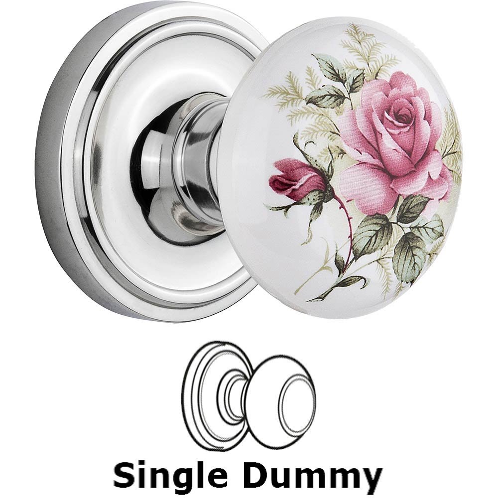 Single Dummy Classic Rose with Rose Porcelain Knob in Bright Chrome
