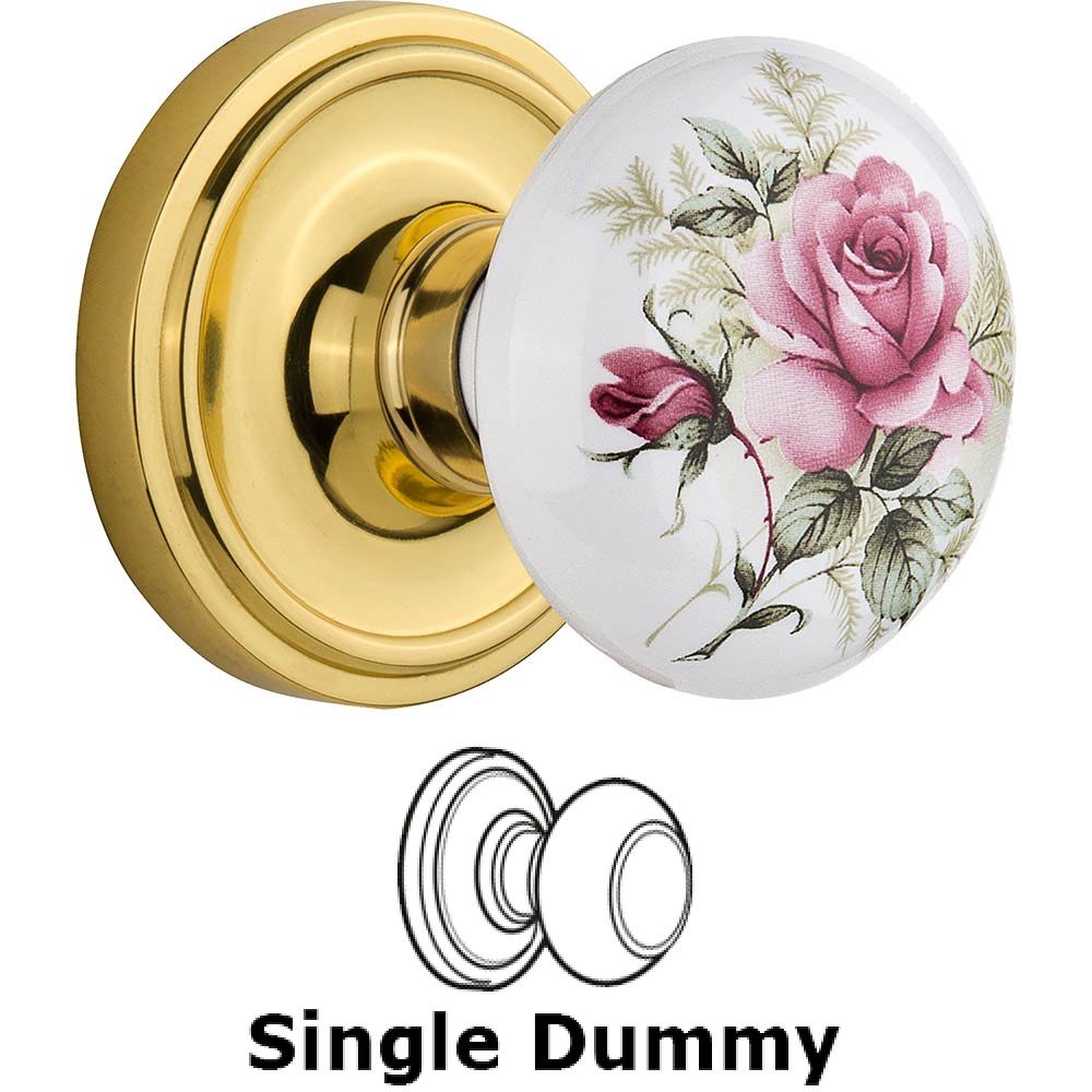 Single Dummy Classic Rose with Rose Porcelain Knob in Polished Brass