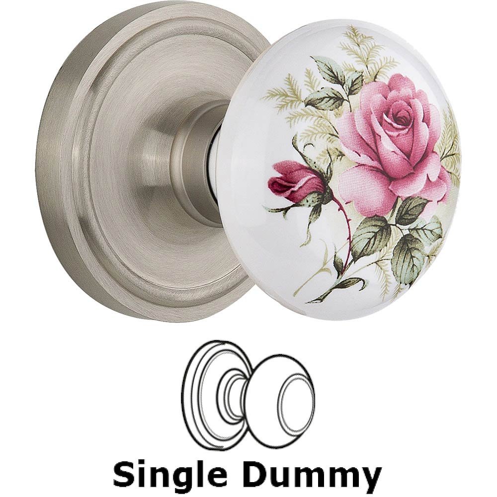 Single Dummy Classic Rose with Rose Porcelain Knob in Satin Nickel
