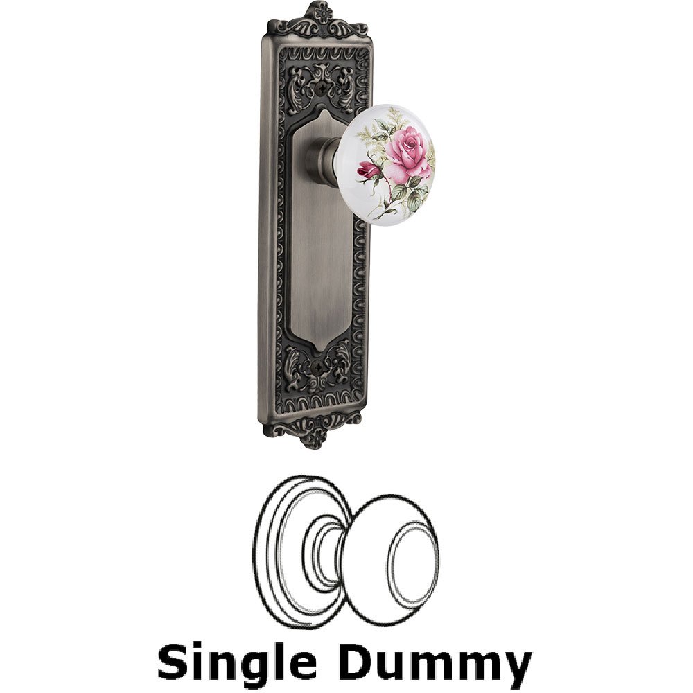 Single Dummy - Egg and Dart Plate with Rose Porcelain Knob without Keyhole in Antique Pewter