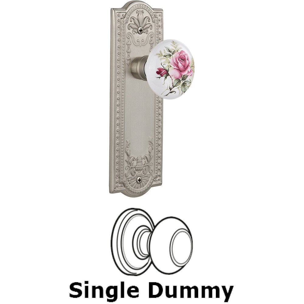 Single Dummy - Meadows Plate with Rose Porcelain Knob without Keyhole in Satin Nickel