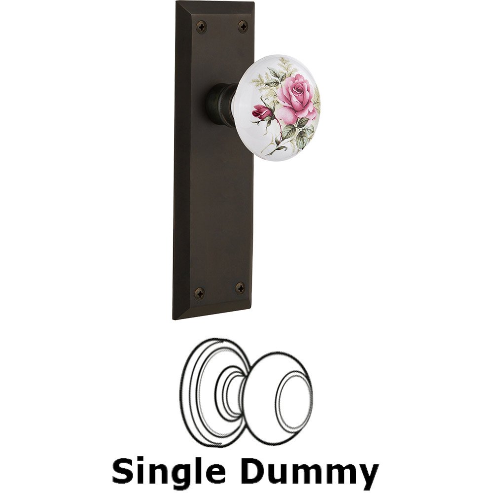 Single Dummy - New York Plate with Rose Porcelain Knob without Keyhole in Oil Rubbed Bronze