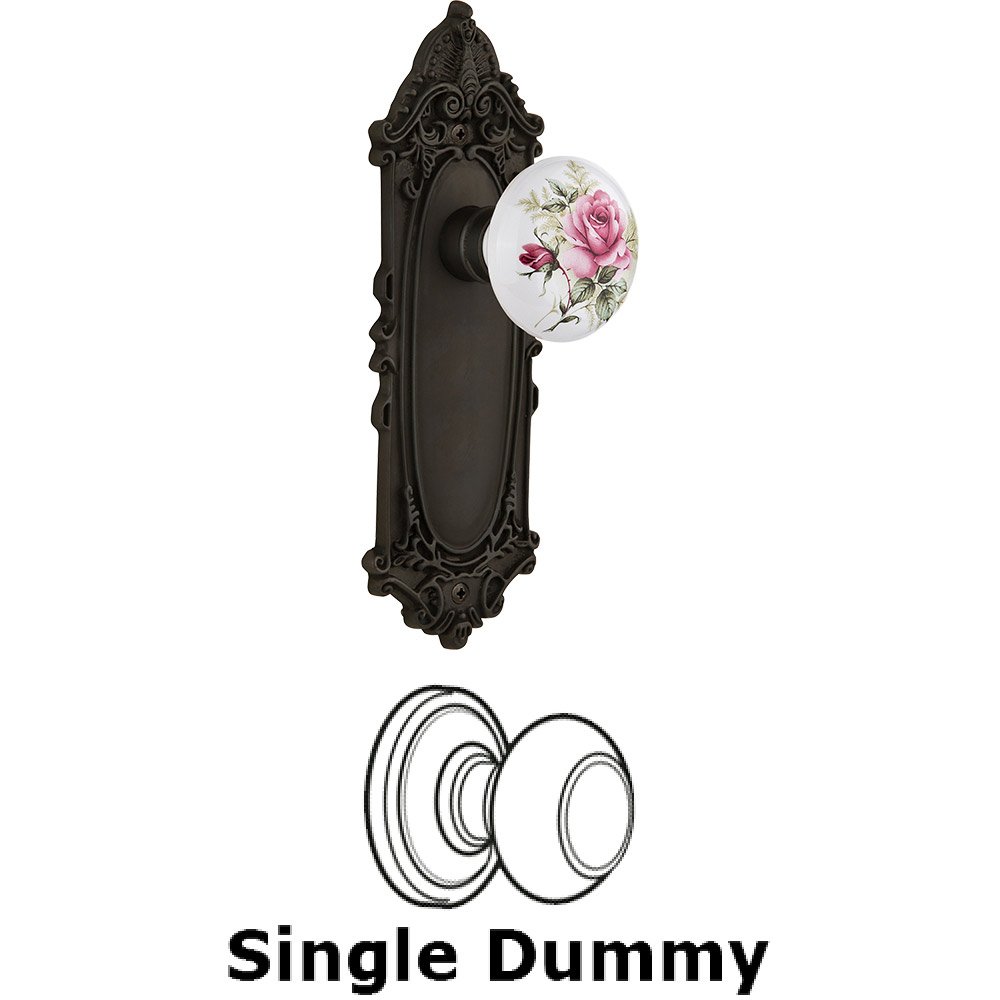 Single Dummy - Victorian Plate with Rose Porcelain Knob without keyhole in Oil Rubbed Bronze