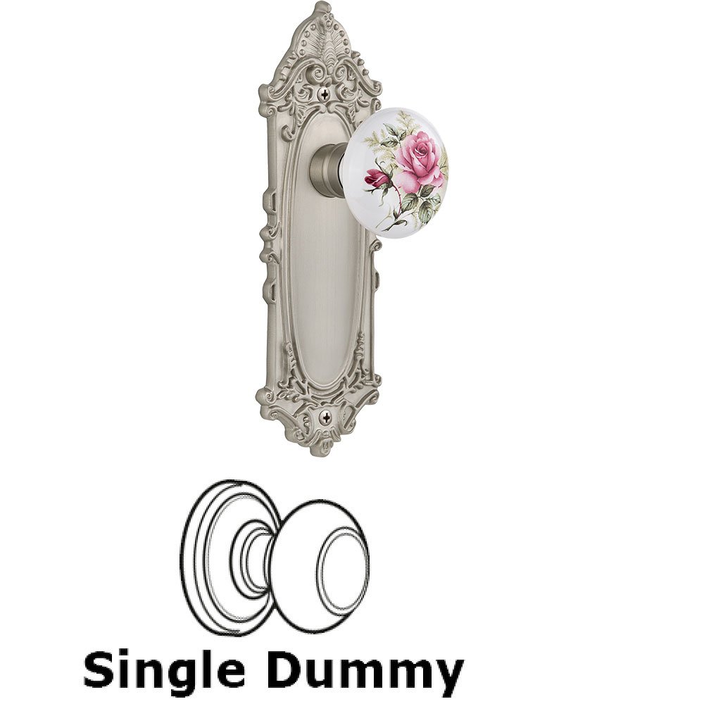 Single Dummy - Victorian Plate with Rose Porcelain Knob without keyhole in Satin Nickel