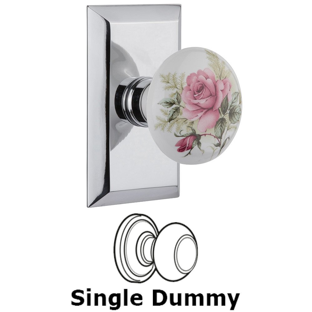 Single Dummy Studio Plate with White Rose Porcelain Knob in Bright Chrome