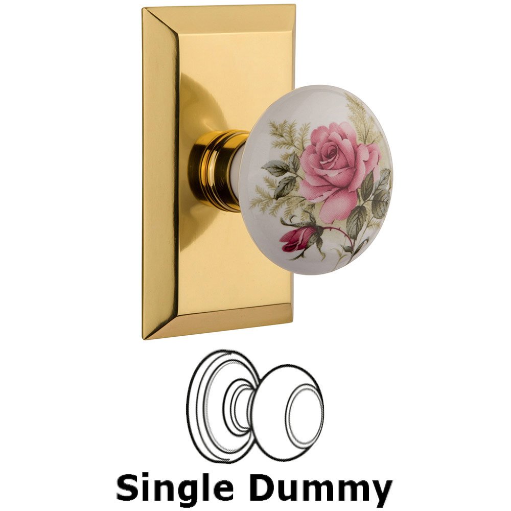 Single Dummy Studio Plate with White Rose Porcelain Knob in Polished Brass