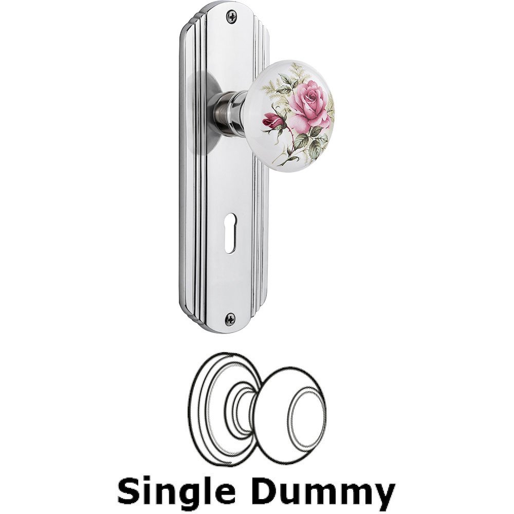 Single Dummy - Deco Plate with Rose Porcelain Knob with Keyhole in Bright Chrome