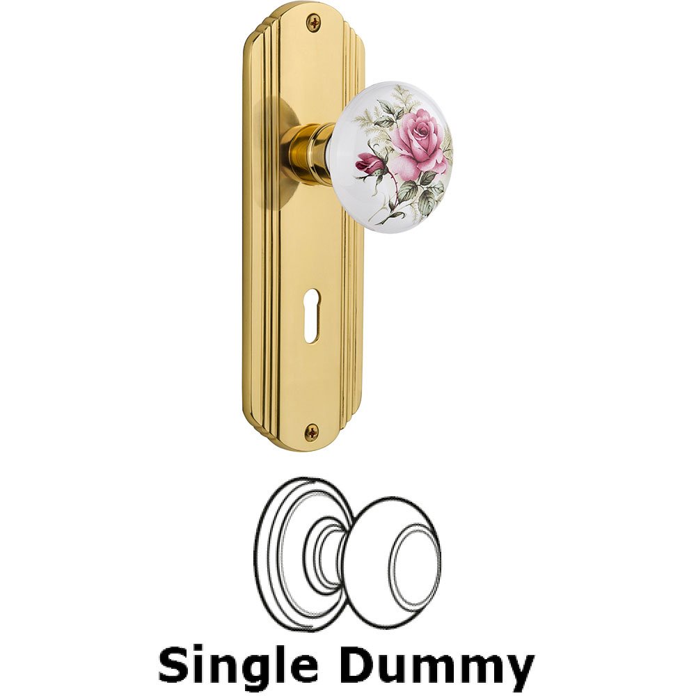 Single Dummy - Deco Plate with Rose Porcelain Knob with Keyhole in Polished Brass