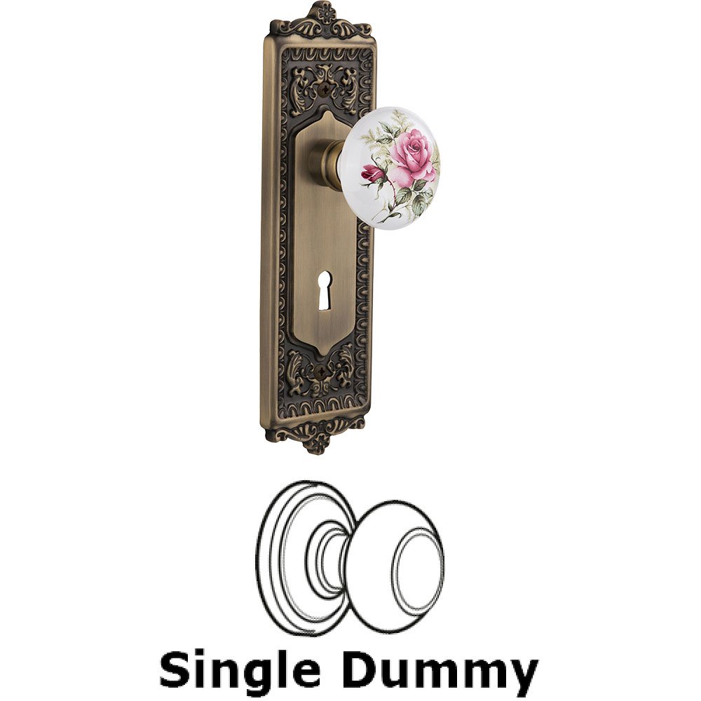Single Dummy - Egg and Dart Plate with Rose Porcelain Knob with Keyhole in Antique Brass