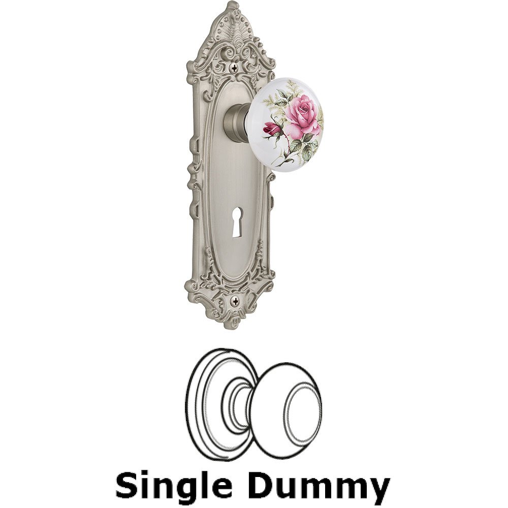 Single Dummy - Victorian Plate with Rose Porcelain Knob with keyhole in Satin Nickel