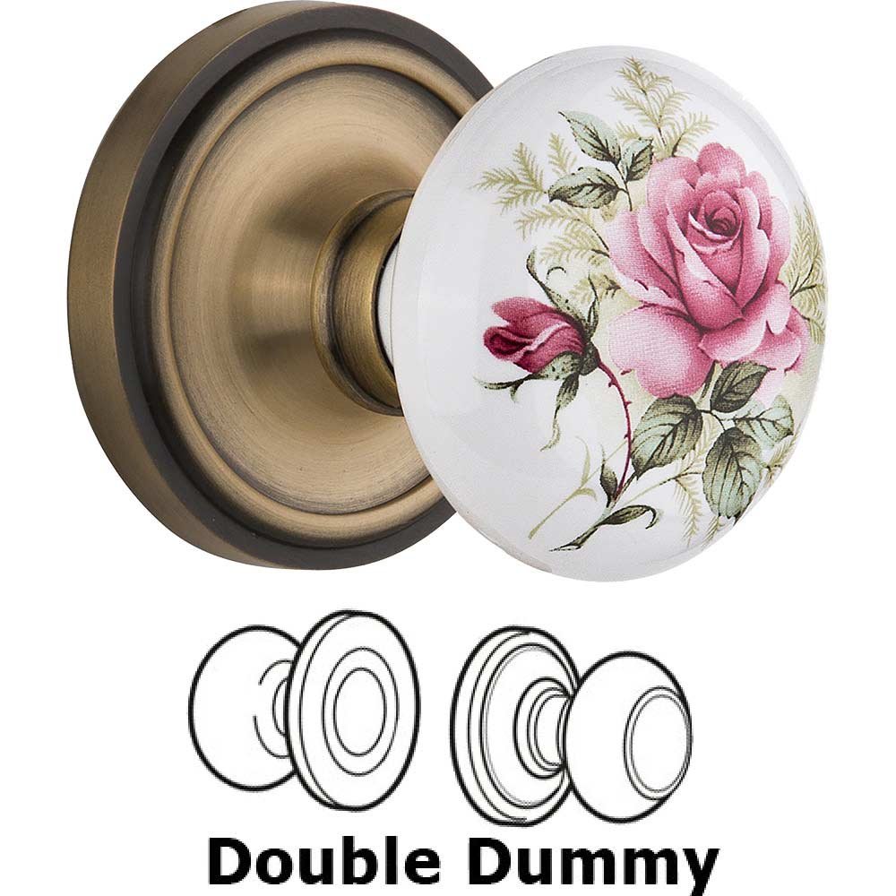 Double Dummy Classic Rose with Rose Porcelain Knob in Antique Brass
