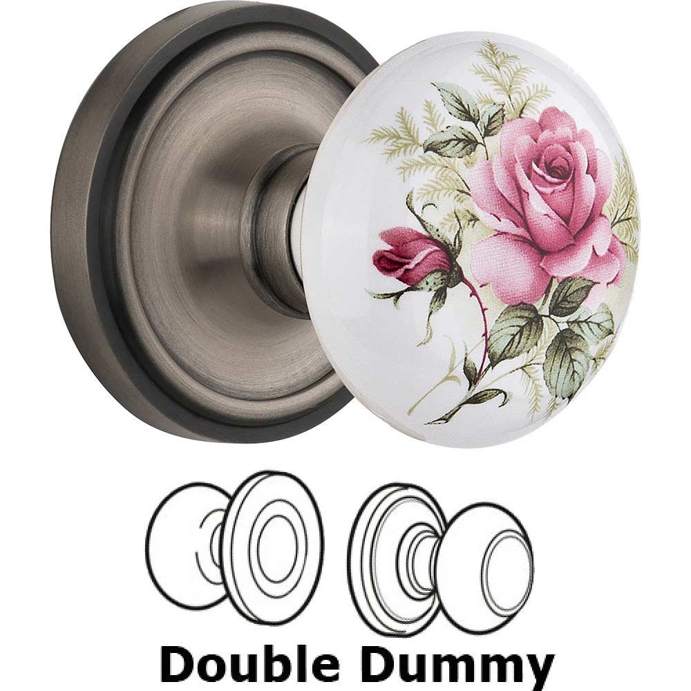 Double Dummy Classic Rose with Rose Porcelain Knob in Antique Pewter