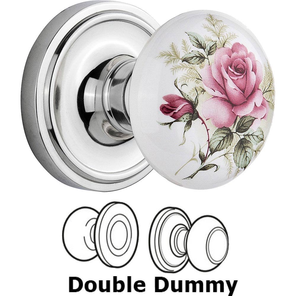 Double Dummy Classic Rose with Rose Porcelain Knob in Bright Chrome