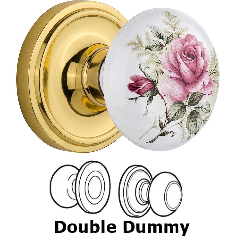 Double Dummy Classic Rose with Rose Porcelain Knob in Polished Brass