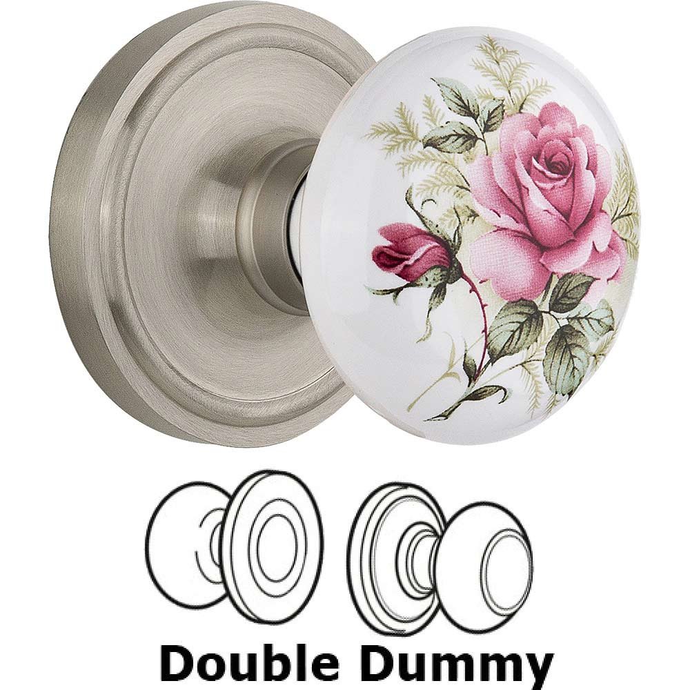 Double Dummy Classic Rose with Rose Porcelain Knob in Satin Nickel
