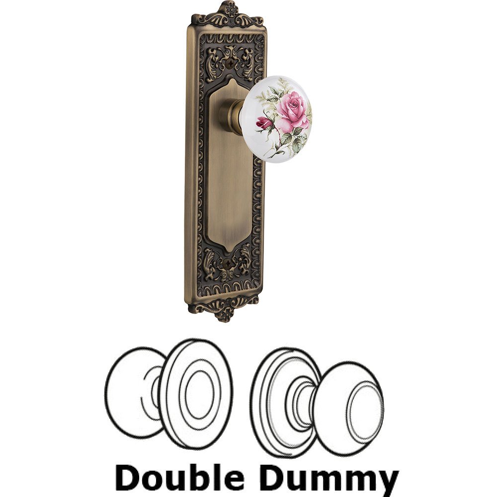 Double Dummy - Egg and Dart Plate with Rose Porcelain Knob without Keyhole in Antique Brass