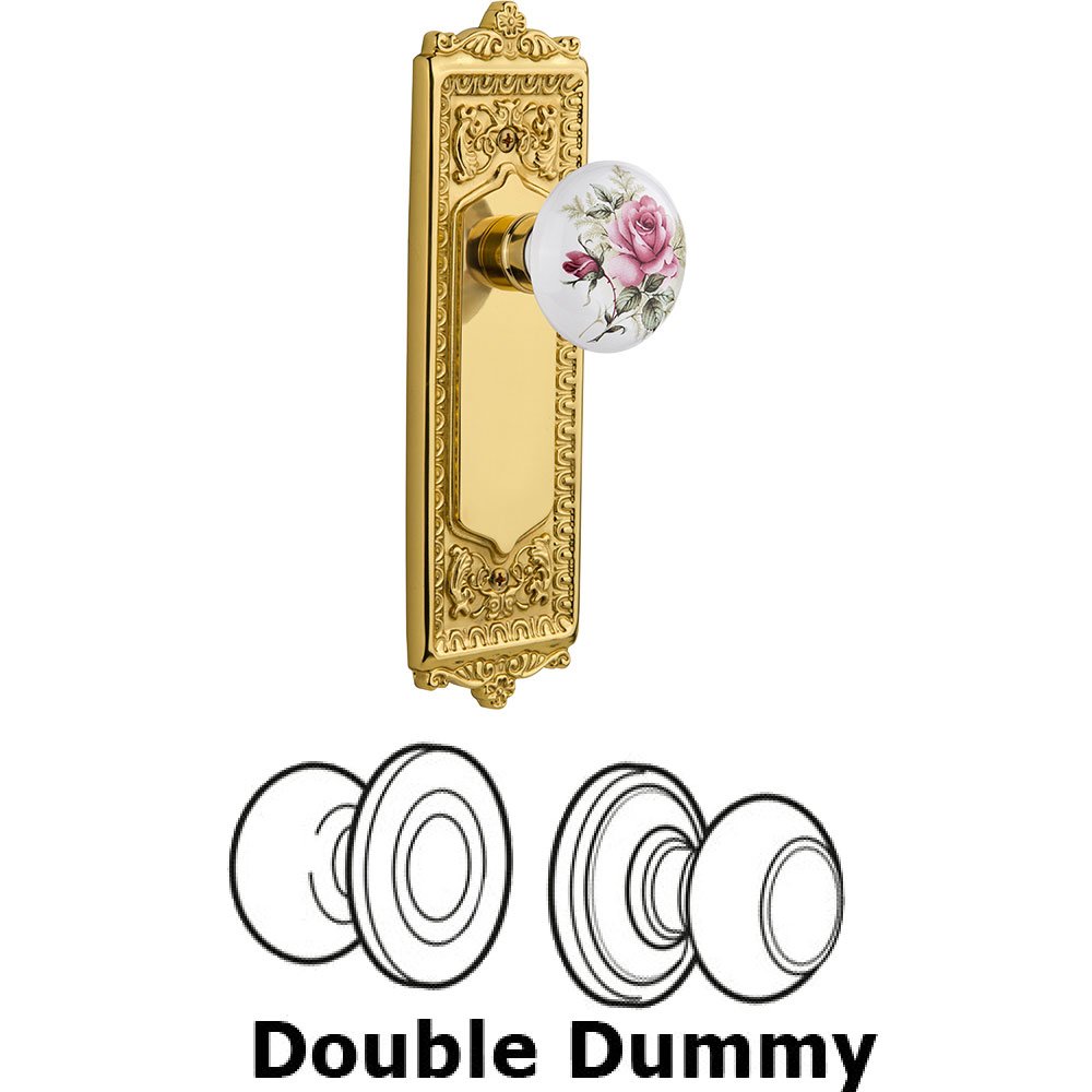Double Dummy - Egg and Dart Plate with Rose Porcelain Knob without Keyhole in Polished Brass