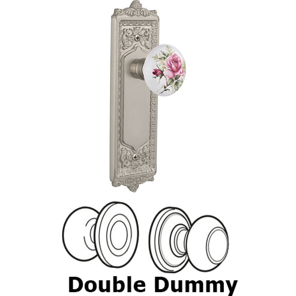Double Dummy - Egg and Dart Plate with Rose Porcelain Knob without Keyhole in Satin Nickel