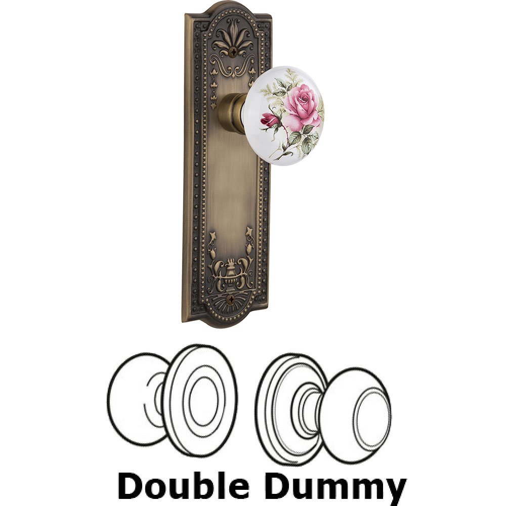 Double Dummy - Meadows Plate with Rose Porcelain Knob without Keyhole in Antique Brass