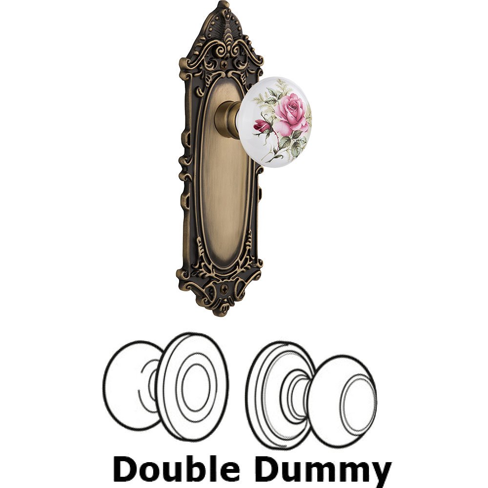 Double Dummy - Victorian Plate with Rose Porcelain Knob without keyhole in Antique Brass