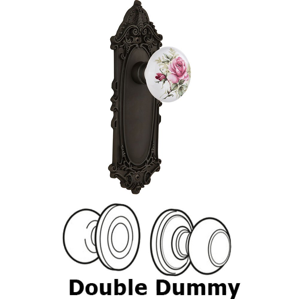 Double Dummy - Victorian Plate with Rose Porcelain Knob without keyhole in Oil Rubbed Bronze